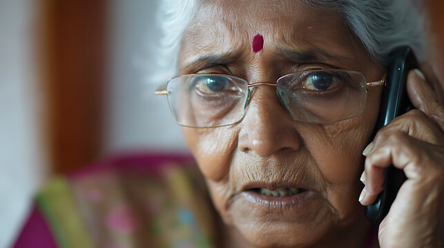 Close-up of an older woman with gray hair and glasses, wearing a bindi, holding a smartphone to her ear and talking with a concerned expression on her face.
