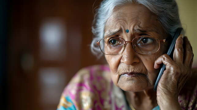 Worried elderly woman with glasses talking on the phone, with concern etched on her face, capturing a moment of anxiety and connection in a modern world.