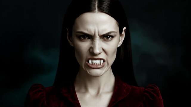 Mid-Age Vampires in Red Velvet Dress Revealing Fangs Close-Up