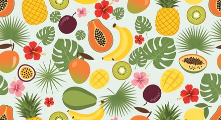 Colorful seamless pattern of tropical fruits and jungle leaves.