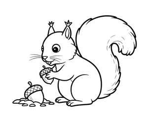 A black and white line drawing of a cartoon squirrel holding an acorn, coloring page for kids
