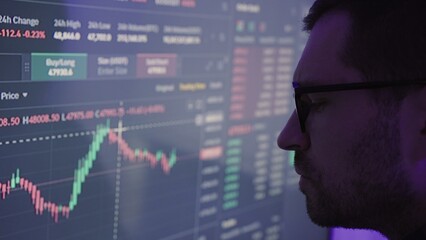 Young man trader wearing glasses looking at computer screen with trading charts