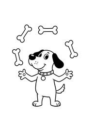 A cartoon dog juggles bones