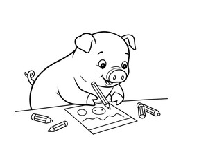 A cartoon pig draws on a sheet of paper with pencils on a desk