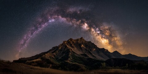 Fototapeta premium Astrophotography shot of the brilliant Milky Way core arching over a desolate, rugged mountain peak, long exposure, high dynamic range, deep purple and gold tones, minima