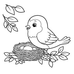 A line drawing shows a bird in a nest with eggs on a branch