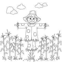 A scarecrow stands in a cornfield under a cloudy sky