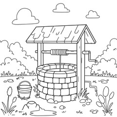 A well with a bucket plants clouds and a crank for drawing water