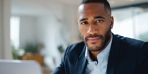 Obraz premium Close-up on a diverse, focused professional giving a presentation via laptop camera, engaging eye contact with the lens, sharp suit, clean minimalist home office backgrou