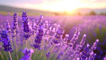 Naklejka premium Close up of purple lavender flowers in bloom during golden hour with sun flares and bokeh background in a field at sunset