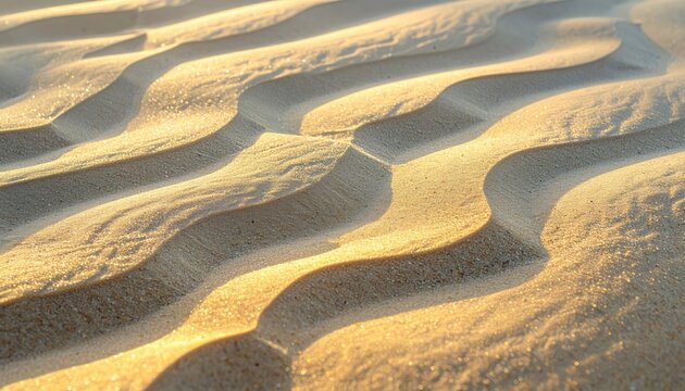 Close up of sunlit sand dunes with rippled texture and golden hour lighting casting long shadows creating a sense of depth and warmth