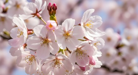 Obraz premium This is a close-up photograph of delicate cherry blossoms (Sakura) in full bloom. The flowers are predominantly soft white and light pink, clustered on a branch against a blurred, light background. Th