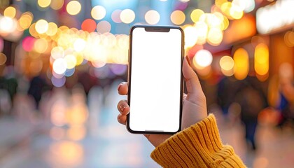 Close up on a person holding a white screen smartphone in front of blurred colorful bokeh lights during the night time with a shallow depth of field.
