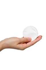 Fototapeta premium Hand presenting clean, white cosmetic cotton pad isolated on transparent background. Represents skincare, makeup removal, facial routine, personal hygiene concepts