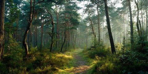 Obraz premium Misty pine forest trail at dawn, subtle light rays piercing the canopy, tranquil and silent, wide-angle shot, cinematic quality, high detail.