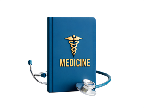 3d rendering of medical textbook with stethoscope, isolated on transparent background. Symbolizes medical education, healthcare learning, student doctor concepts