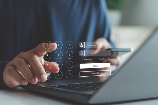 User entering PIN and password on digital login interface using laptop and smartphone, representing secure authentication, online registration and cybersecurity protection for digital identity access. - Powered by Adobe