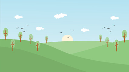 Green Landscape Nature Hill Cartoon Flat Background. Vector Illustration