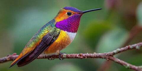 Fototapeta premium Colorful hummingbird perched on a branch with vibrant green background capturing the beauty of wildlife in a natural setting.