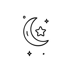 Crescent moon and stars with dots, linear black on white