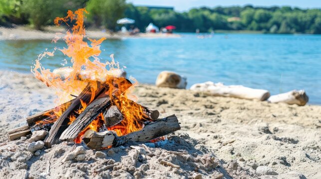Campfire on Sandy Beach Near Calm Water with Green Trees and Blue Sky