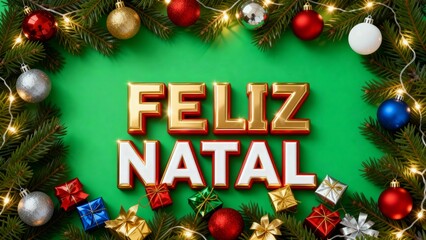 Fundo natalino realista com folhas de pinheiro, bolas coloridas, presentes e luzes decorativas em torno da mensagem “FELIZ NATAL ” sobre fundo verde festivo.