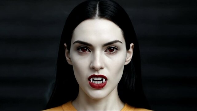 Vampires in Yellow Jumper with Red Eyes and Lightning Revealing Fangs Close-Up
