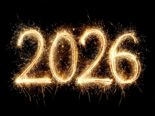 Glowing sparkler writing 2026 on dark background, festive fireworks new year celebration