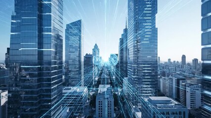 Futuristic cityscape with digital overlays of energy fields and data streams. Skyscrapers and tech - Powered by Adobe