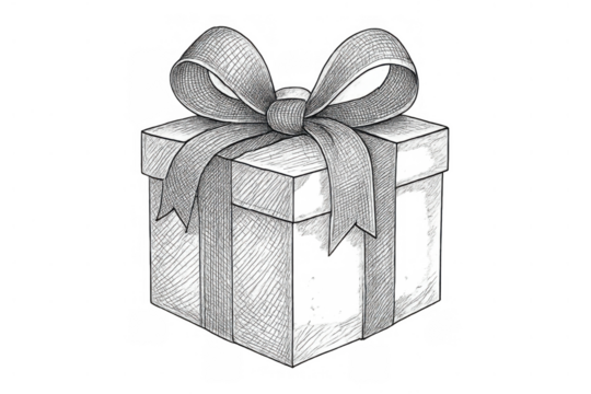 Hand drawing gift box with ribbon and bow representing celebration surprise and anniversary, transparent background