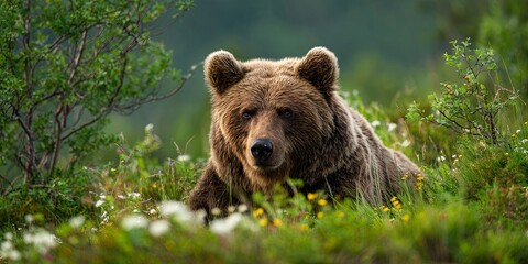 Fototapeta premium Majestic brown bear with warm fur resting in green meadow surrounded by wildflowers and lush foliage under a serene blue sky in nature s habitat