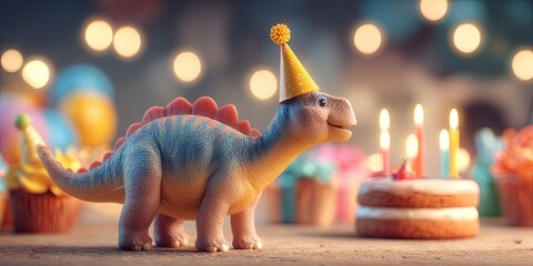 Colorful dinosaur toy in a festive party hat next to a cake with candles celebrating a birthday in a playful and joyful atmosphere