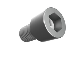 Macro View 3D Rendering of a Silver Precision Machine Part | Isolated Industrial Threaded Fastener, High-Resolution Metal Bolt Component, and Internal Hex Socket for Workshop Equipment Design