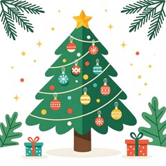 Obraz premium Merry Christmas tree decoration with gifts and star ornament for a winter celebration card