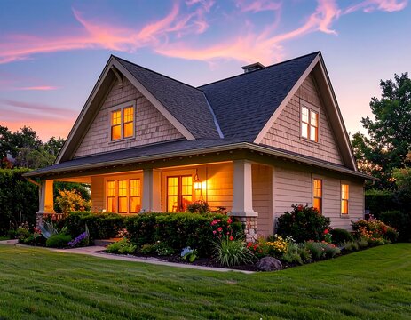 Well-lit suburban home with colorful landscaping at dusk