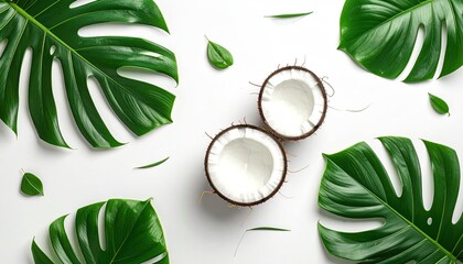 Exotic Tropical Coconut Halves and Lush Green Monstera Leaves Arranged on a Clean White Surface with Natural Sunlight Creating Soft Shadows