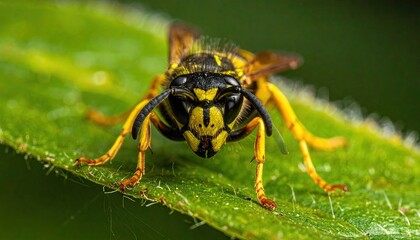 Extreme Close Up Of A Wasp On A Vibrant Green Leaf In Natural Sunlight With Macro Focus