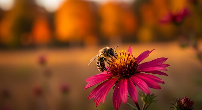 Bee on a vibrant pink flower pollinating in a sunny garden setting