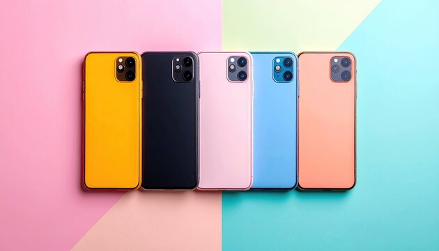 Five Modern Smartphones Lined Up In Assorted Pastel Colors Yellow Black Pink Blue Peach On A Pink And Teal Background Isolated Studio Shot
