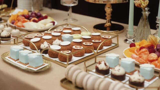 Luxury dessert table with macarons, mini cakes, and fresh fruit platter, elegant catering setup for wedding or celebration, pastel sweets and gold trays creating a sophisticated festive decor