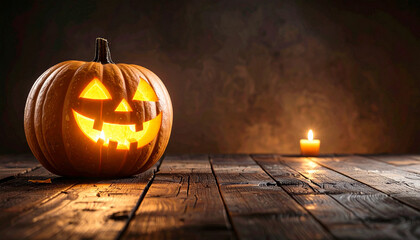 A spooky glowing Jack-o'-lantern with a carved grin on a rustic wooden table, creating a festive Halloween atmosphere with a single candle