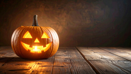 Spooky glowing Jack O' Lantern carved pumpkin on rustic wooden surface, perfect for Halloween celebration