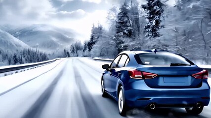 A vivid, highresolution digital rendering of a blue car on a snowy mountain road. The car is captured in motion, with its rear facing the viewer, showcasing its sleek design and aerodynamic shape.