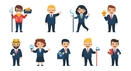 Diverse Business Professionals in Suits with Icons Representing Various Industries and Concepts Vector Cartoon Characters Set on White Background