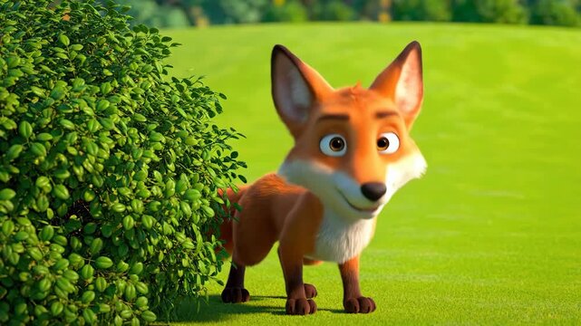 Animated Fox Standing Near Green Bush on Green Field Under Bright Sunlight Cartoon Style with Detailed Texture and Soft Lighting Style