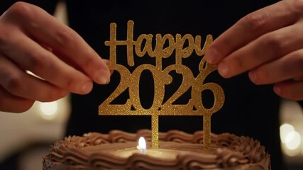 Golden Happy 2026 cake topper on a chocolate cake with a lit candle