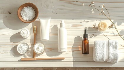 Overhead View Of Natural Skincare Products Arranged On A White Wooden Surface With Soft Sunlight Creating Shadows And A Dried Flower Accent
