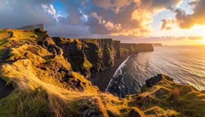 Dramatic Coastal Cliffs Illuminated by Golden Sunset Light with Ocean Waves and Moody Clouds Overhead