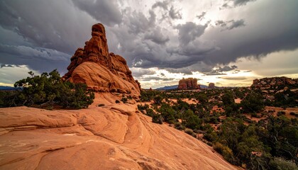 Dramatic Storm Clouds Over Arid Desert Landscape With Red Rock Formations And Sparse Green Vegetation Under Backlighting