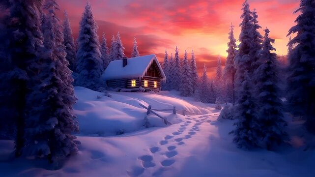 A vivid winter landscape with a log cabin in the foreground and a sunset in the background. The sky is painted in hues of pink, orange, and purple.